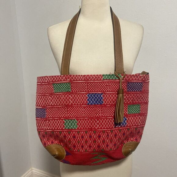Woven‎ Handmade Multicolor Boho Vegan Leather Trim Tote Bag - Picture 1 of 12